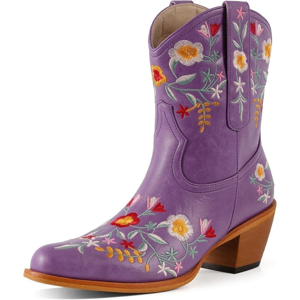 Women's Flower Embroidered Chunky Heel Ankle Snip Square Toe Western Purple Boot